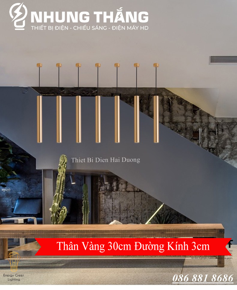 Đèn Thả Trần Trang Trí Rọi Ống Bơ Thân Vàng 5w - 2 Kích Thước 60cm , 30cm - Thân Nhôm Tản Nhiệt - Ánh Sáng Vàng