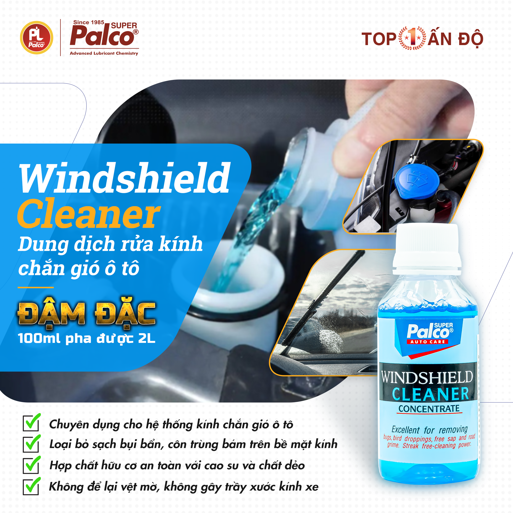 Nước rửa kính chắn gió xe ô tô chuyên dụng PALCO Windshield Cleaner - Chai 100ml pha được 2L - Nhập khẩu Ấn Độ