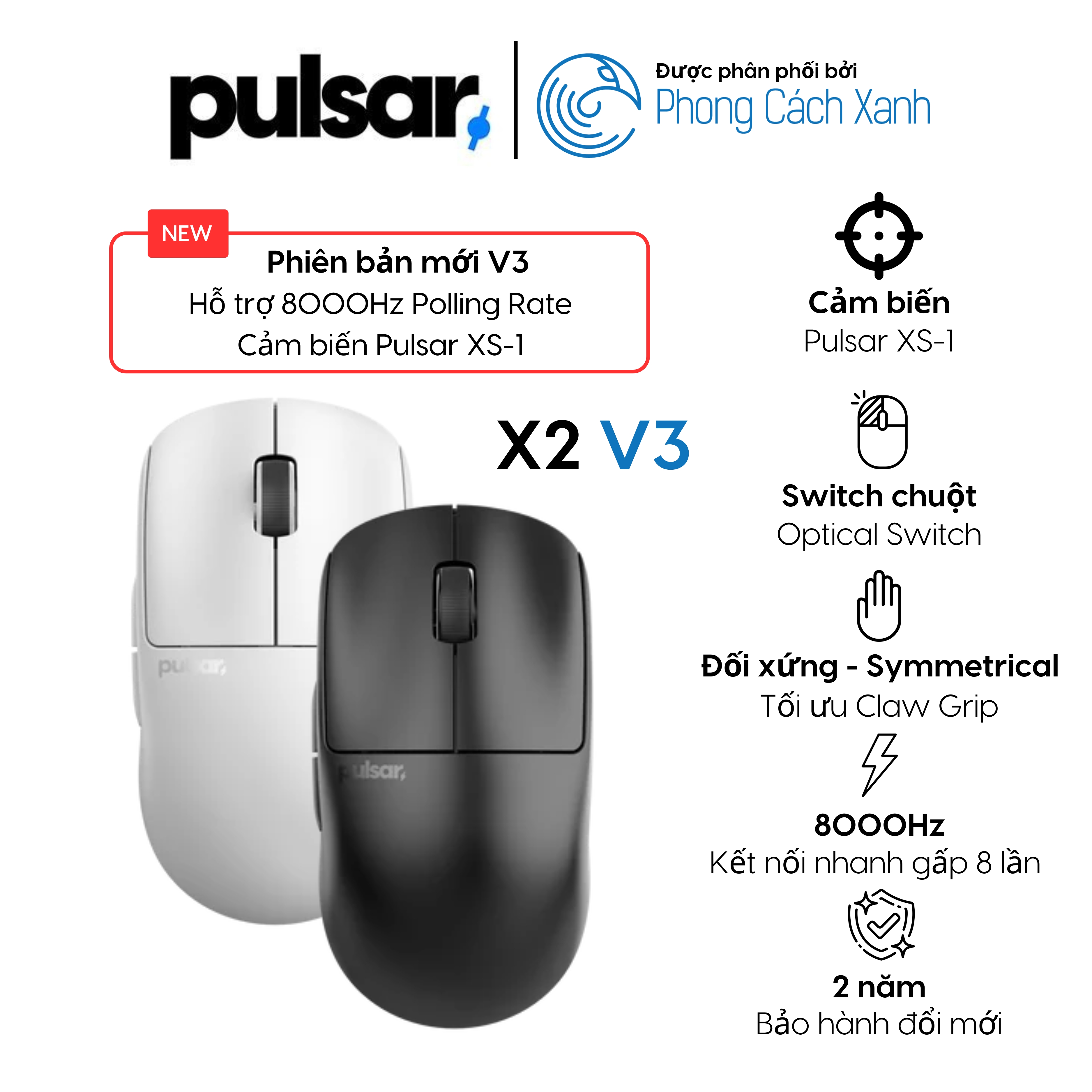 Chuột không dây siêu nhẹ Pulsar X2 V3 Wireless (Hỗ trợ 8K Polling Rate) - Hàng Chính Hãng