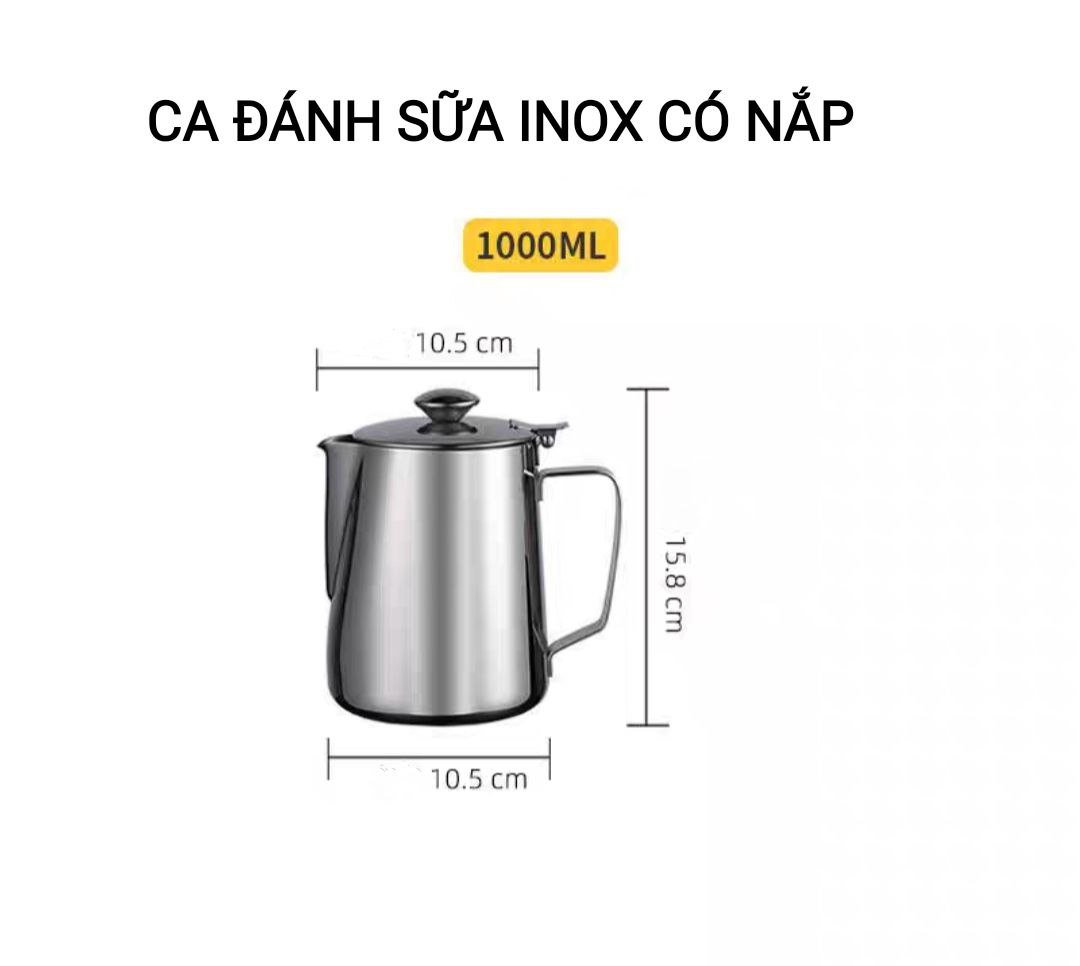 CA INOX 304 CA ĐÁNH SỮA CÓ NẮP ĐẬY NHIỀU SIZE CAO CẤP MILK PITCHER INOX 304