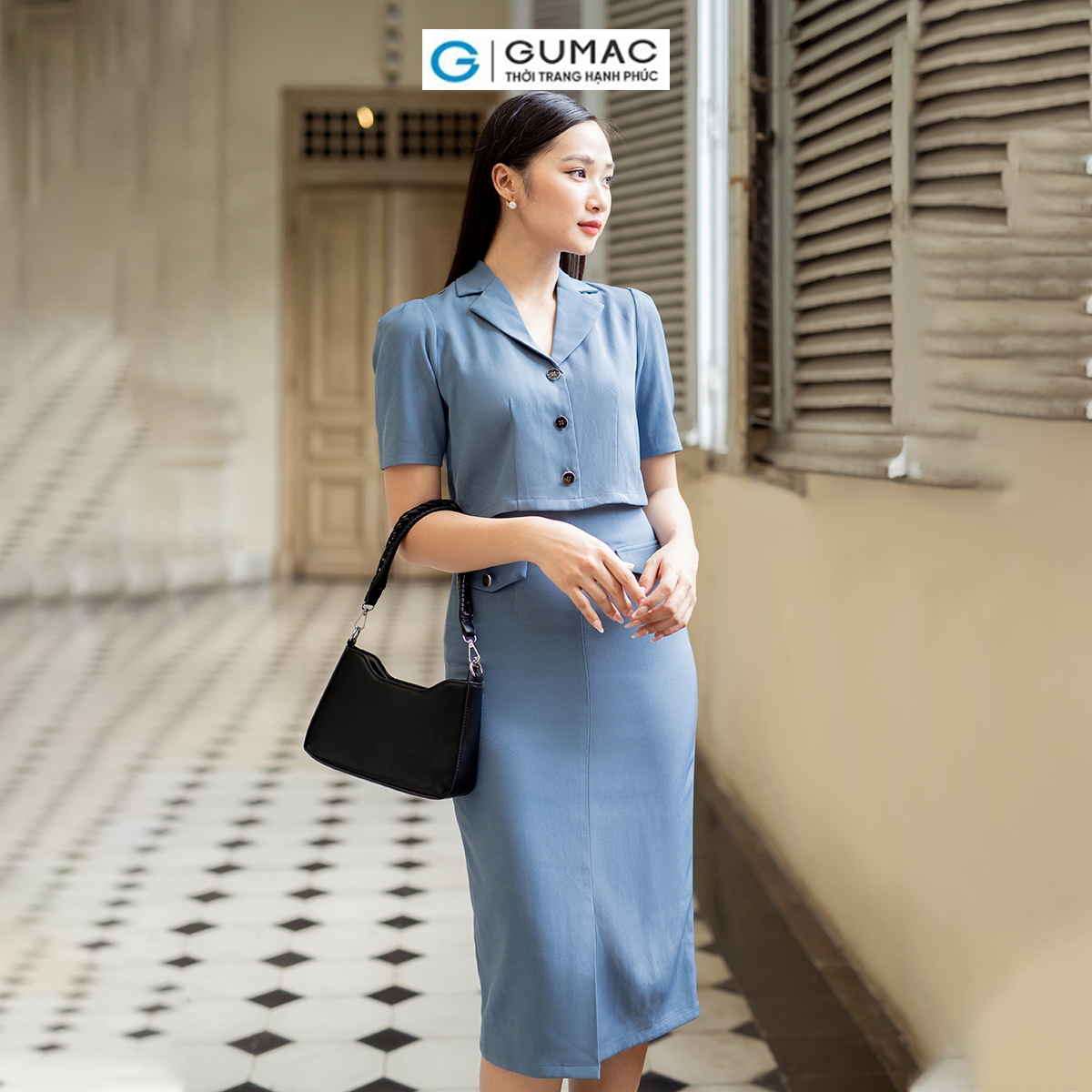 Set lẻ Áo lửng cổ danton thời trang GUMAC AD07007 - Chân váy bút chì nắp túi thời trang GUMAC VD07008