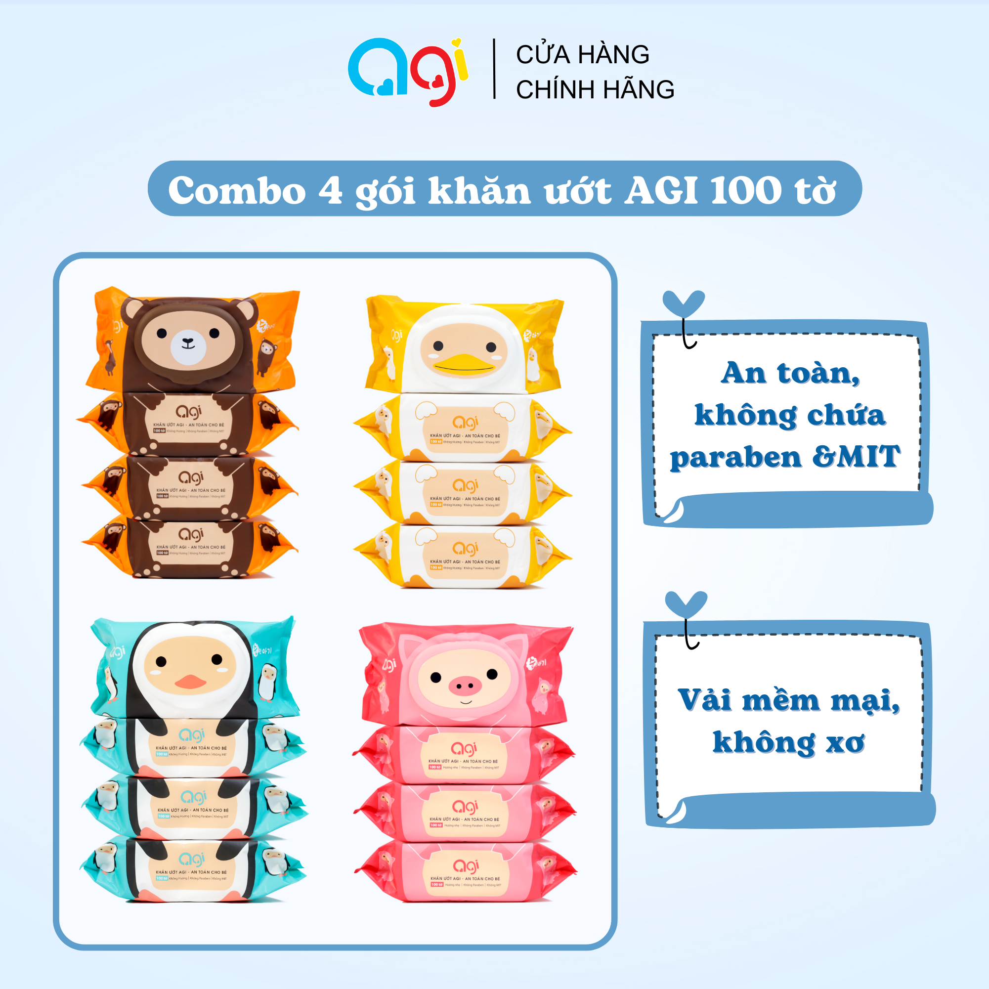 Combo 4 gói khăn giấy ướt Agi 100 tờ