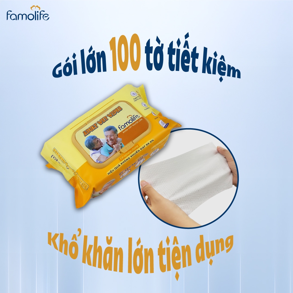 Khăn ướt Famolife 100 tờ không mùi mềm mịn, dưỡng ẩm vệ sinh cho người lớn