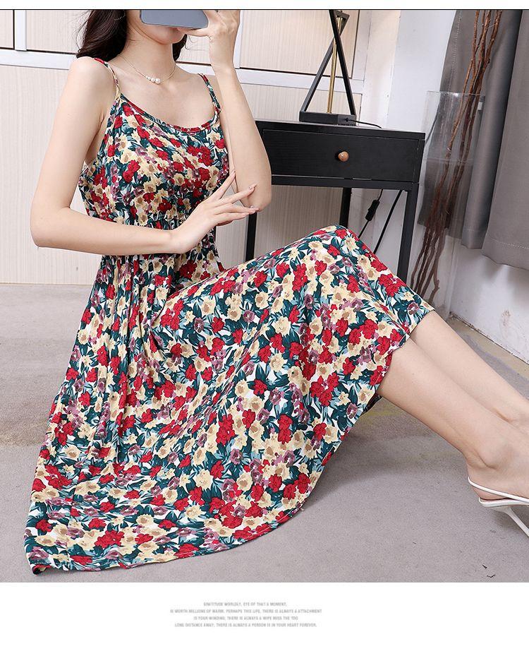 DONGSHOP Mùa hè 2023 Hàn Quốc phiên bản có thể điều chỉnh treo vest đầm mỏng mỏng trung bình dài hoa bãi biển váy
