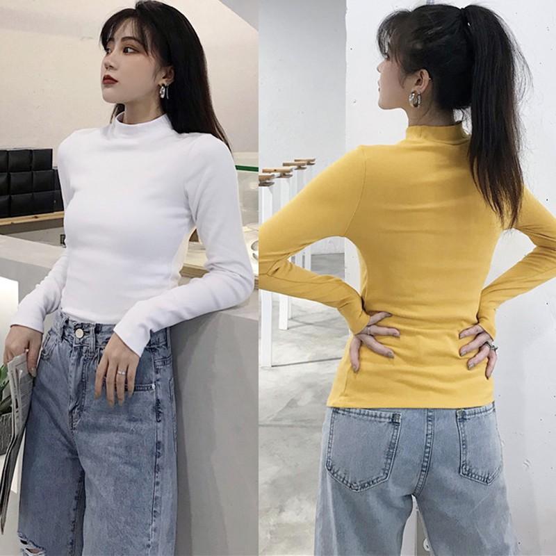 Áo thun dài tay cổ lọ màu trơn đơn giản phong cách Hàn Quốc