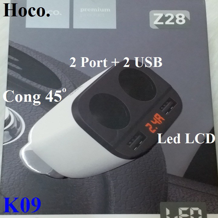 Củ sạc nhanh dùng cho xe hơi Hoco Power Ocean 2 cổng tẩu sạc, 2 cổng sạc USB có đồng hồ - Hàng chính hãng