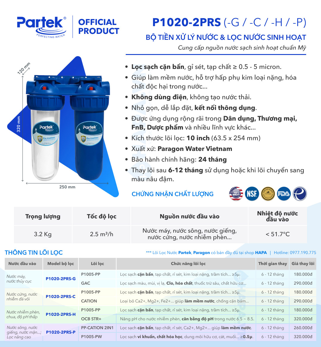 Bộ Lọc Nước Sinh Hoạt PARTEK P1020-2PRS Series Cao Cấp 10 inch, Công Nghệ Mỹ Chuẩn NSF - Hàng Chính Hãng - Pre-treatment Không Dùng Điện, Bộ Đôi Lọc Nước Sinh Hoạt Sediment Filter 5 Micron