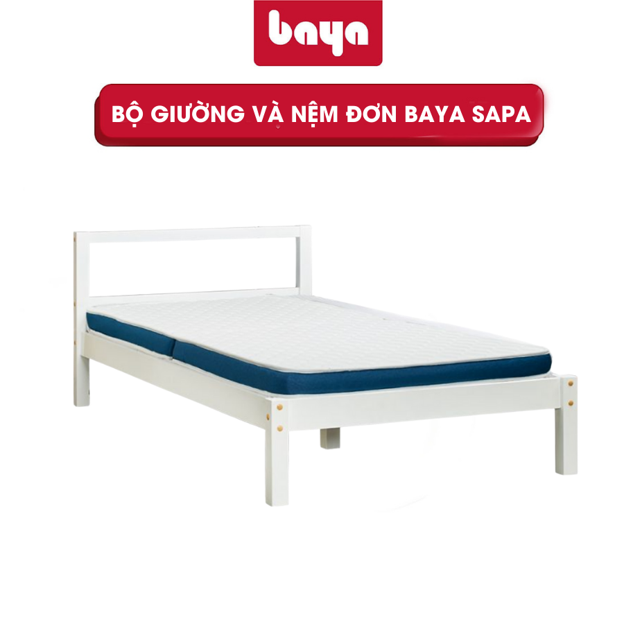 Bộ Giường Gỗ Keo Và Nệm Mút BAYA SAPA-SET Thiết Kế Mộc Mạc Với Giường Màu Trắng Và Đệm Viền Xanh Kích Thước Nhỏ Gọn 6000189