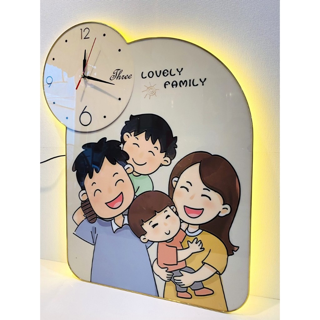 Tranh đồng hồ đèn led tráng gương UV gia đình hạnh phúc 2(kèm đinh treo)