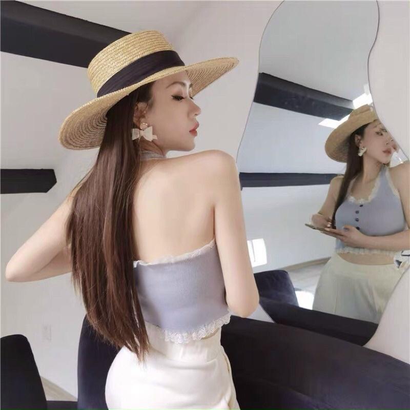 Áo len nữ dệt kim cổ yếm hở lưng croptop viền ren hàng khuy