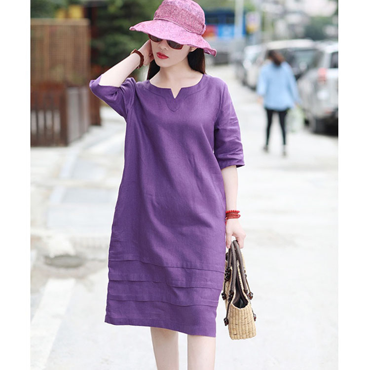 Đầm suông linen tay lỡ basic sang trọng, thời trang xuân hè 2021