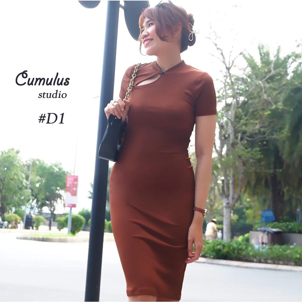 Đầm nữ body cổ trụ cột dây lưng Cumulus chất thun gân lạnh D01
