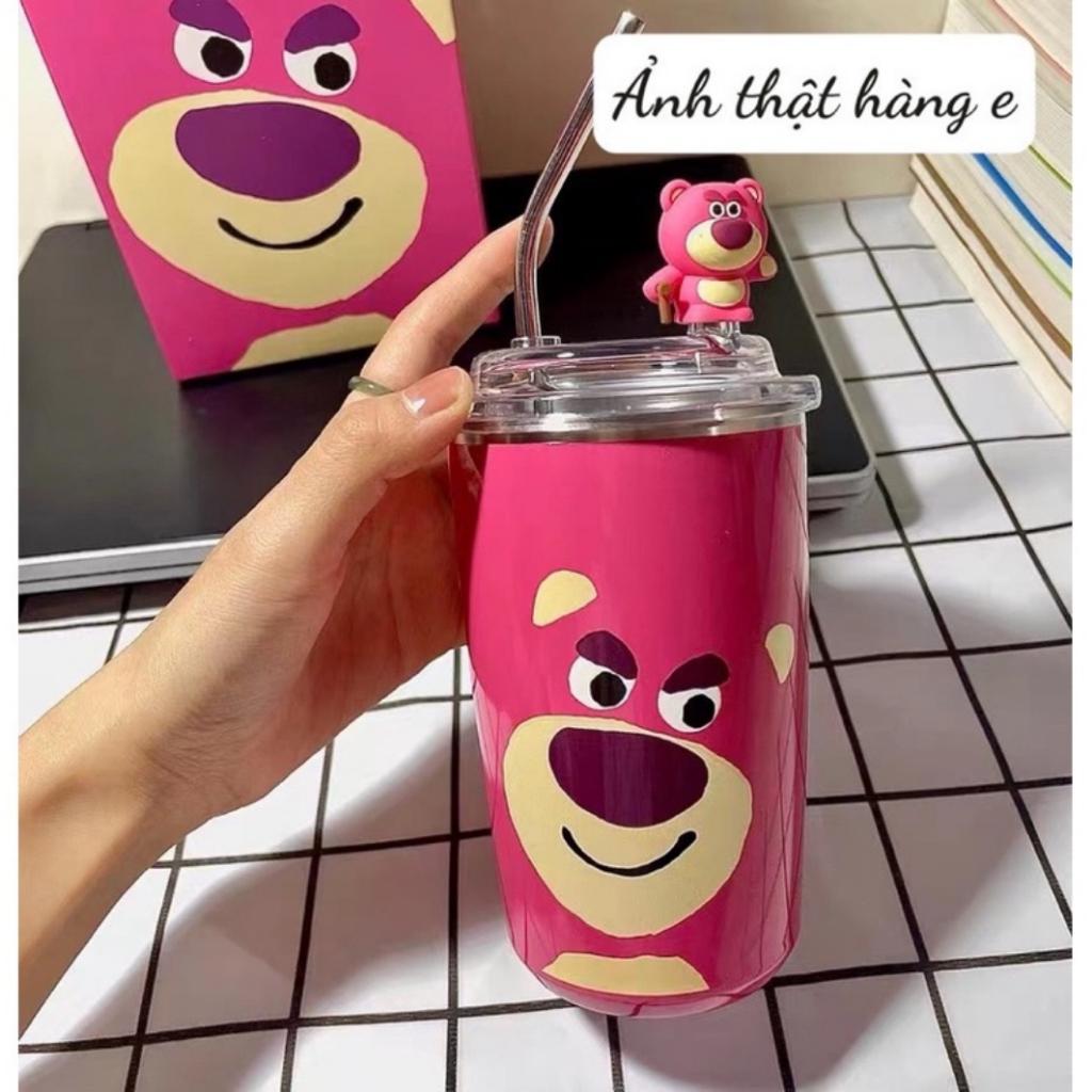Ly giữ nhiệt gấu dâu inox 304 dung tích 450ml kèm sticker 3d và ống hút siêu xinh