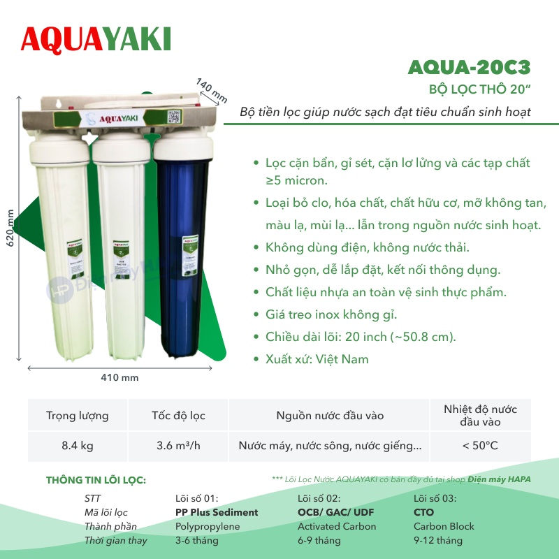 Bộ Lọc Thô 3 Cấp 20 inch AQUAYAKI AQUA-S203 Lọc Nước Đầu Nguồn, Sinh Hoạt, Bộ Lọc Thô Bán Công Nghiệp - Hàng Chính Hãng