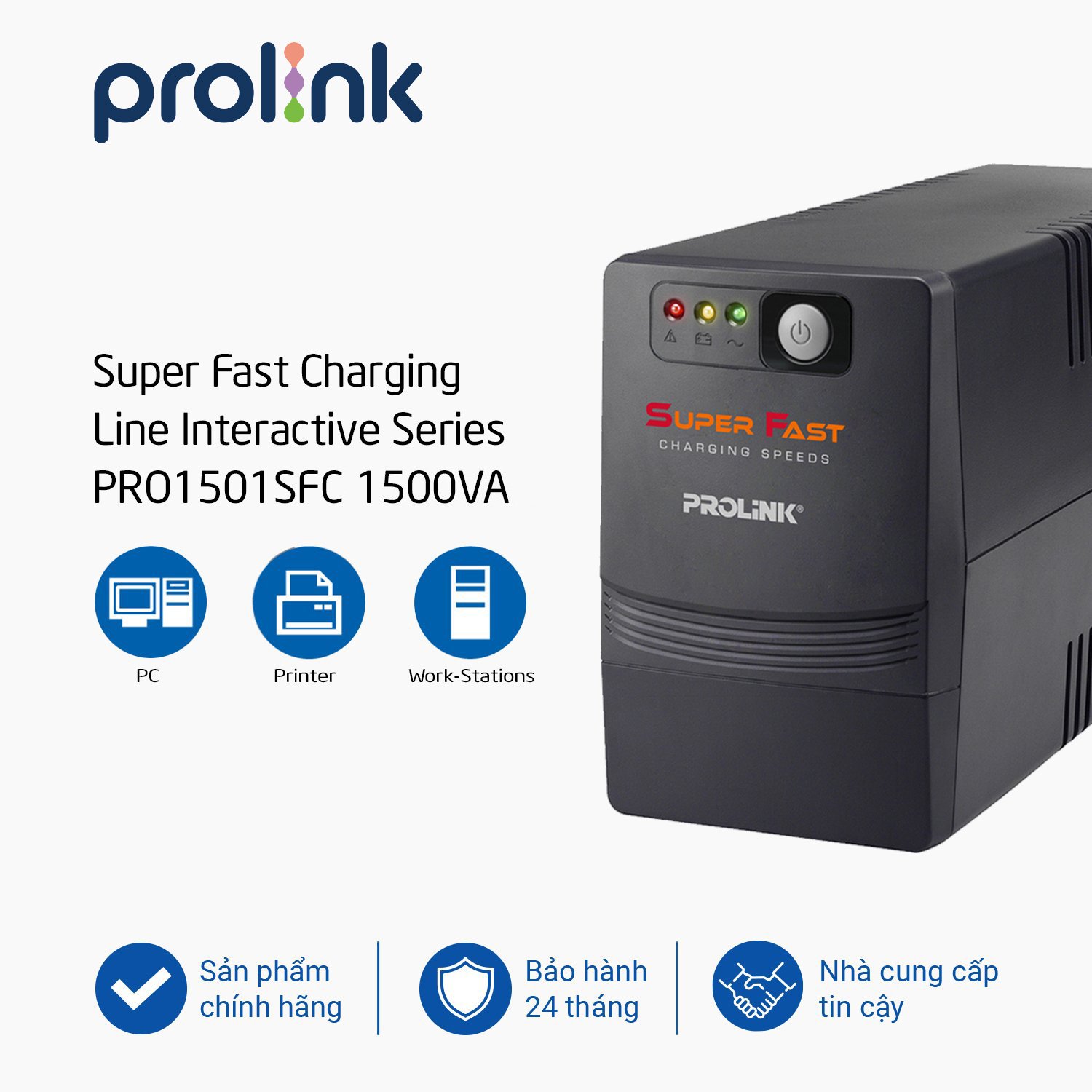 Bộ lưu điện UPS Prolink PRO1501SFC (1500VA) Công suất 900W, công nghệ Line Interactive - Hàng chính hãng