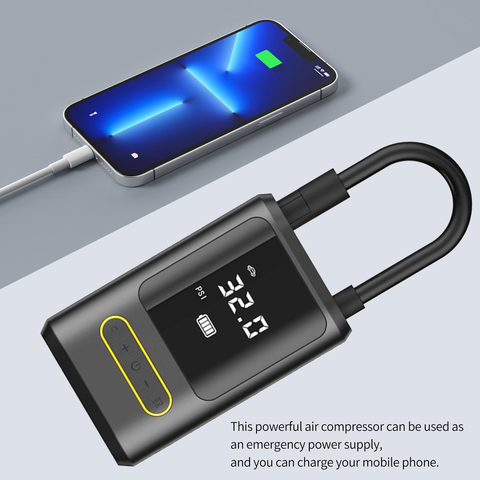 Portable Cordless Air Compressor USB Rechargeable Car Tire Inflator Power Bank Air Pump 150PSI with Digital Screen and LED Lights for Cars, Motorcycles, E-bikes, and Balls