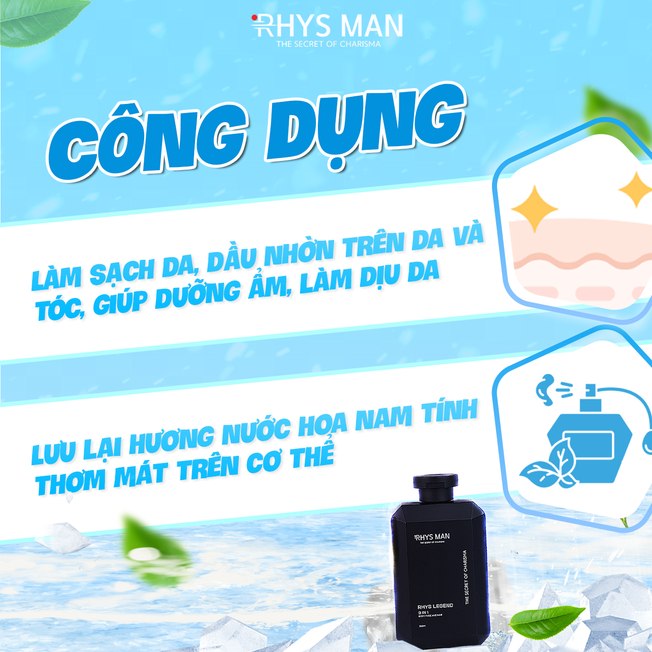 Combo sữa tắm gội nam Rhys Legend 3 in 1 350 ml & Sữa rửa mặt nam hương dừa Rhys Coconut Fresh 100ml-Hàng chính hãng