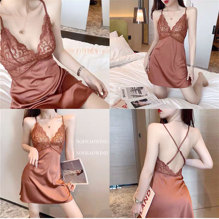 Váy ngủ lụa hai dây xuyên thấu ren ngực sexy Q62 - Đầm ngủ hai dây sexy - Váy ngủ nữ