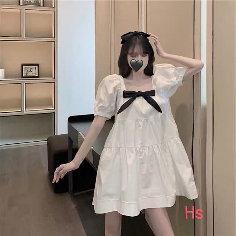 Váy Babydoll Công Chúa Nơ Ngực Siêu Xinh Đầm Trắng Nữ Tay Ngắn Cổ Rộng Nơ Đen