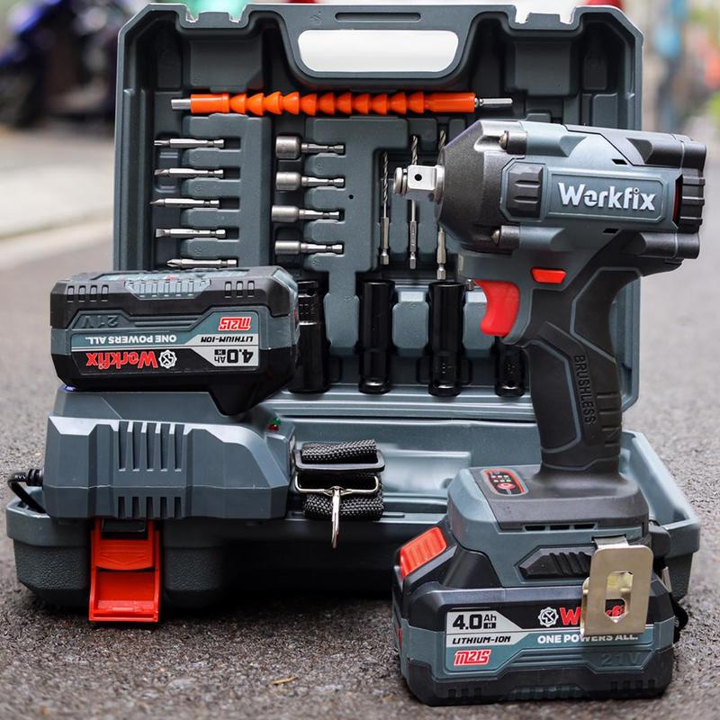 [ Tặng 26 phụ kiện] Máy Siết Bulong Workfix 450N.m 2 pin PLUS- Màu XÁM - Đa Năng 2 In 1 - IW450NBL - Motor Brushless - Chân Pin Phổ Thông 2 Pin 21V/4Ah PLUS - Bảo Hành Chính Hãg - 6th