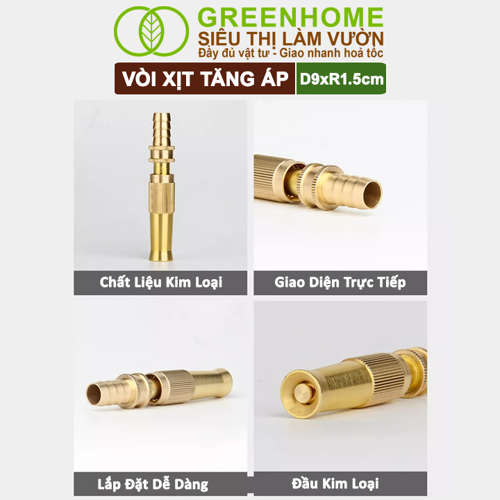 Đầu Vòi Xịt Tăng Áp Greenhome, D9xR1,5cm, Bằng Đồng, Dùng Tưới Cây, Rửa Xe, Rửa Sân Vườn