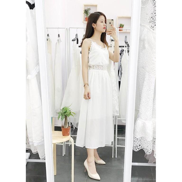 Đầm Maxi Trắng Phối Ren 2 Dây Đi Biển