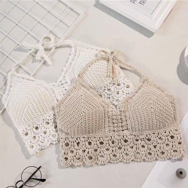04-Set đi biển áo bra đan móc+ quần sóc ren hoa