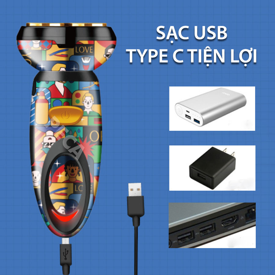 Máy cao râu KEMEI KM-RS503 lưỡi kép 4D thiết kế vỏ bọc sang trọng màu sắc TREND GRAFFITI phiên bản mini cá tính, sử dụng sạc USB tiện lợi - phân phối chính hãng