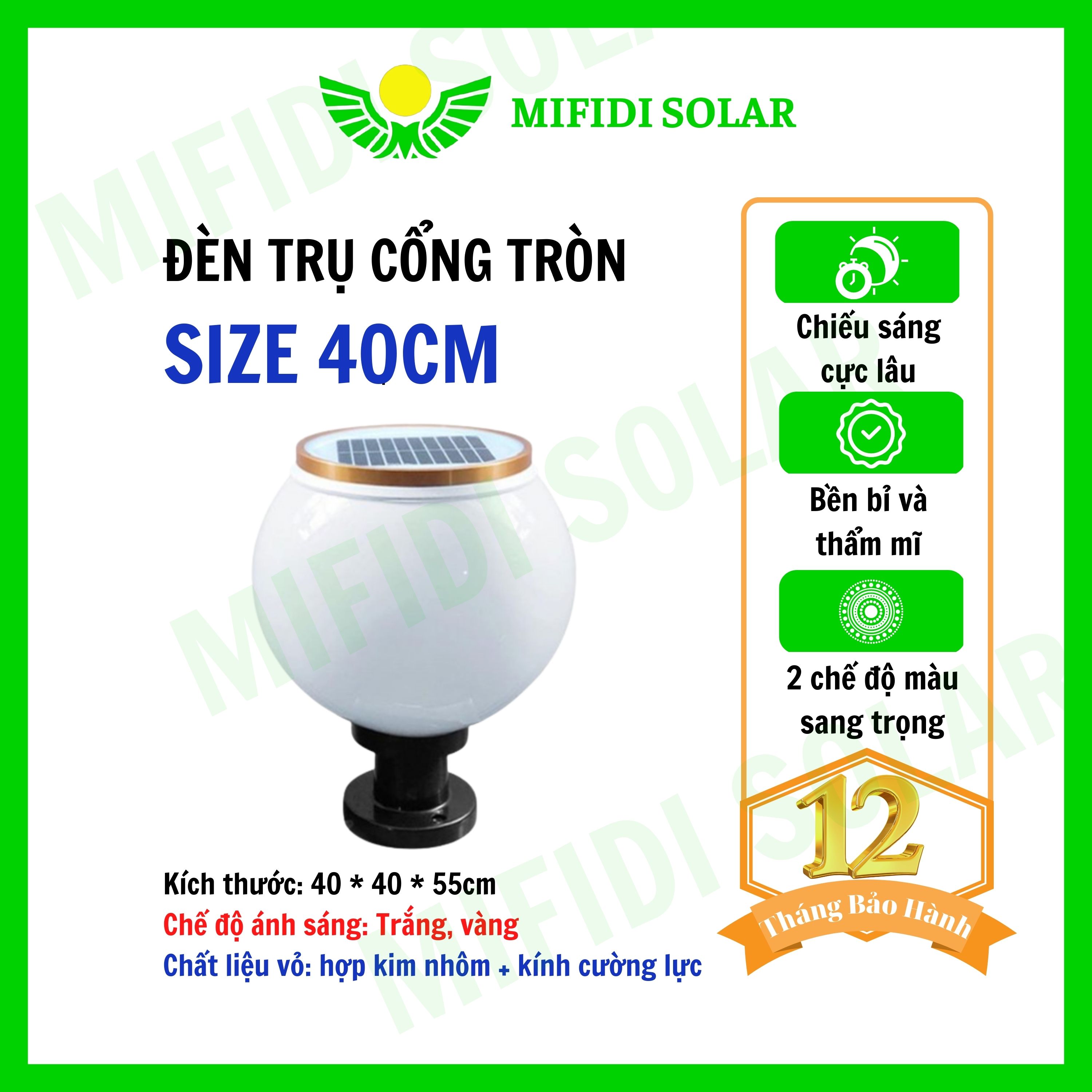 Đèn Năng Lượng Mặt Trời MIFIDI | Đèn Trụ Cống size 40cm hình tròn TCTS40