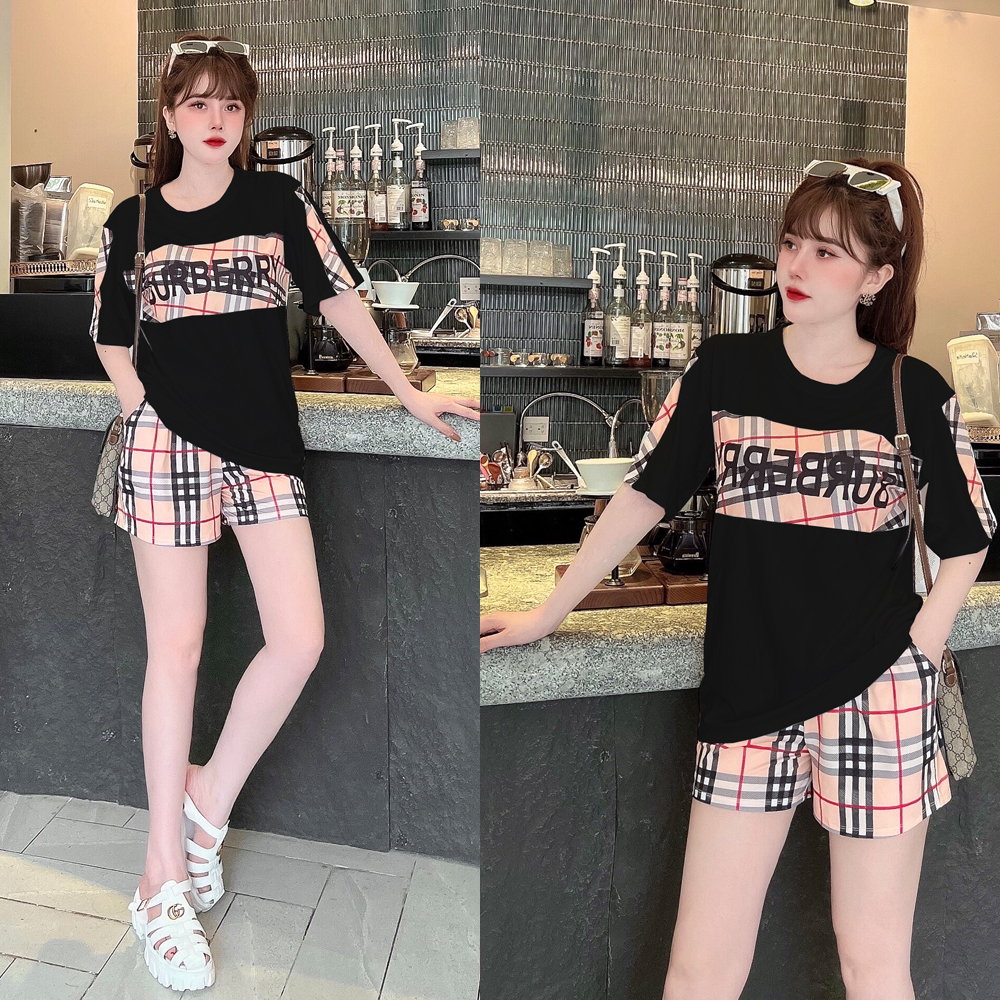 Đồ bộ thun đùi phối caro in 3D (2 màu 4 size từ 45 đến 70kg