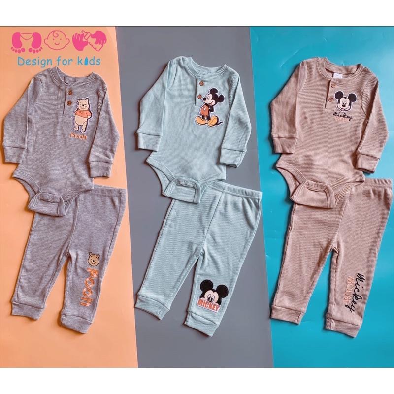 Set bodysuit body chip dài tay kèm quần dài vải len tăm Disney baby cho bé