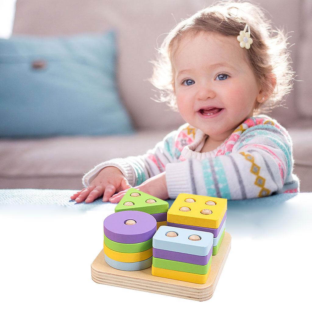 Wooden Shape Matching Stacking Toys Blocks Sensory Learning Toys for Kids A