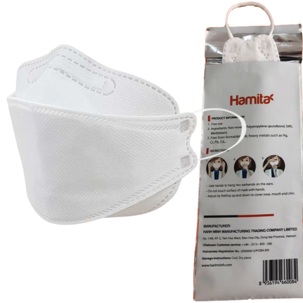 Khẩu trang y tế 4D 4 lớp cao cấp Hamita - Bịch 5 cái - ISO13485, Dấu CE - Sử dụng giấy kháng khuẩn cao cấp Mealtblown, hiệu quả lọc kháng khuẩn giữ nguyên 99.9% sau 5 lần giặt