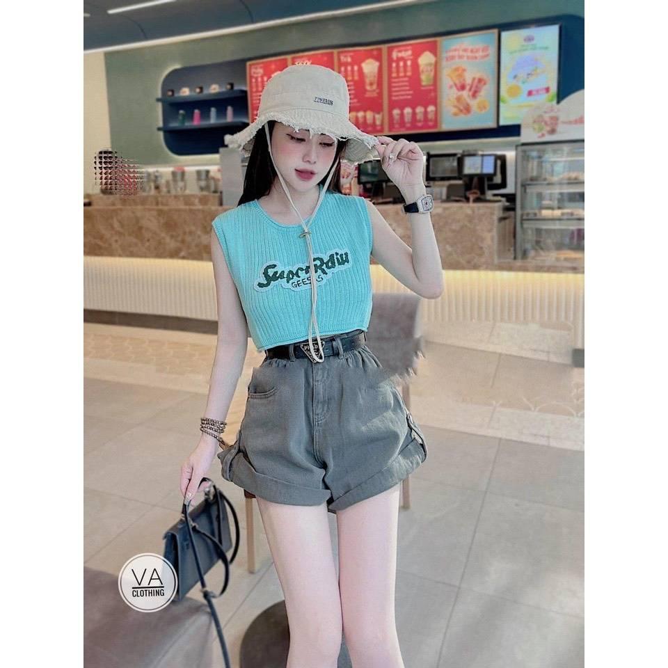 Áo len nữ Montoghi dệt kim Quảng Châu MÙA HÈ dáng croptop thêu chữ nổi xinh xắn