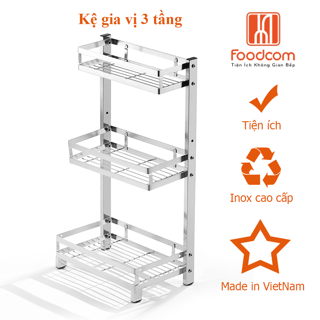 Kệ để gia vị đa năng cao cấp 3 tầng Foodcom chất liệu inox cao cấp không han gỉ, kệ đựng chai lọ đa năng, kệ để đồ nhà bếp gọn gàng sang trọng hơn, tiết kiệm không gian gia đình