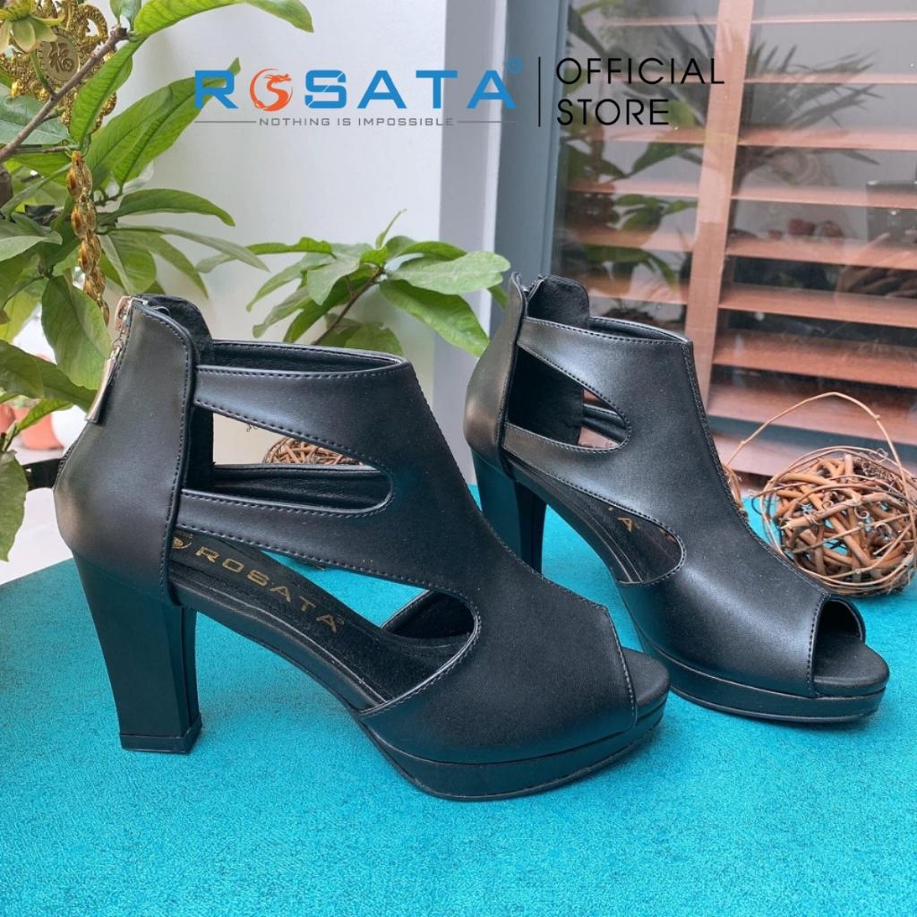 Giày cao gót ROSATA RO322 mũi tròn xỏ ngón kiếu bốt thời trang êm chân khóa kéo gót cao 8cm màu đen xuất xứ Việt Nam - Đen