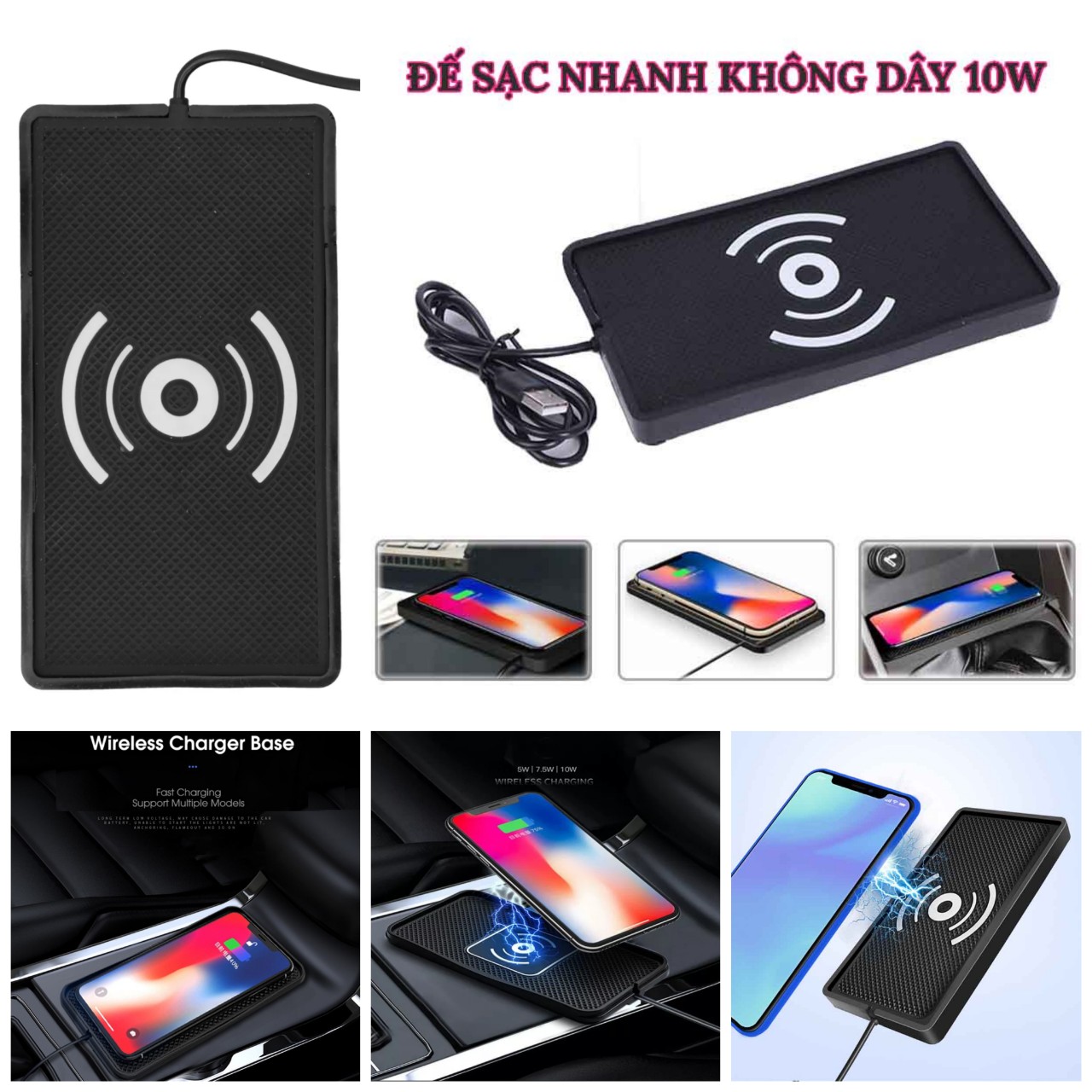 Đế sạc điện thoại không dây sạc nhanh Qi 10W có đệm chống sốc dùng trong xe hơi văn phòng, phụ kiện ô tô