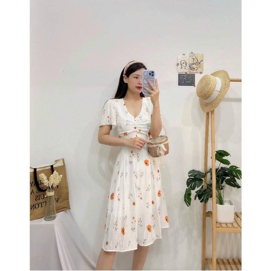 Váy hoa cổ V, Đầm trắng cổ tim Cao Cấp dáng xòe dài, phong cách Vintage hoa đỏ tay ngắn, mặc dự tiêc công sở - MiNhi