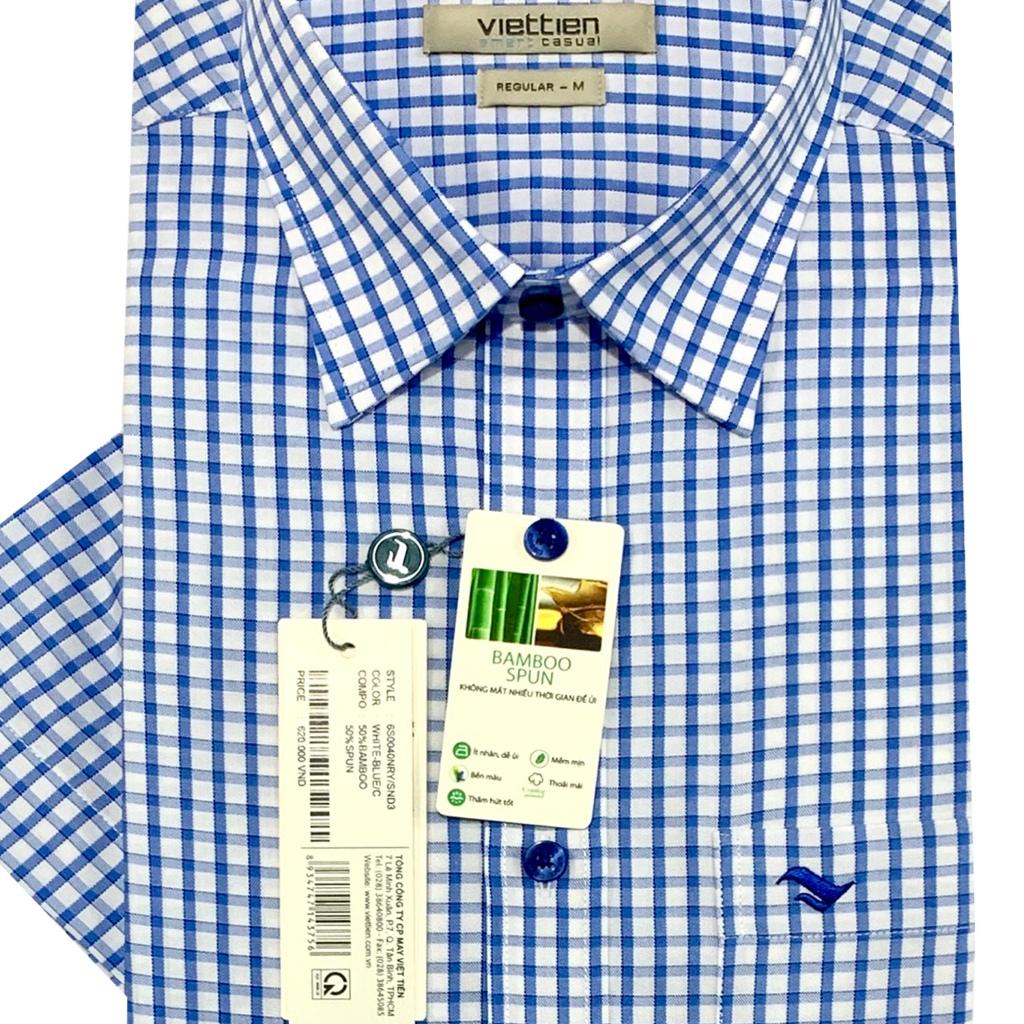 Viettien - Áo sơ mi nam ngắn tay xẻ tà vạt ngang Bamboo spun Ca rô Xanh trắng 6S0040 Regular - Ca rô