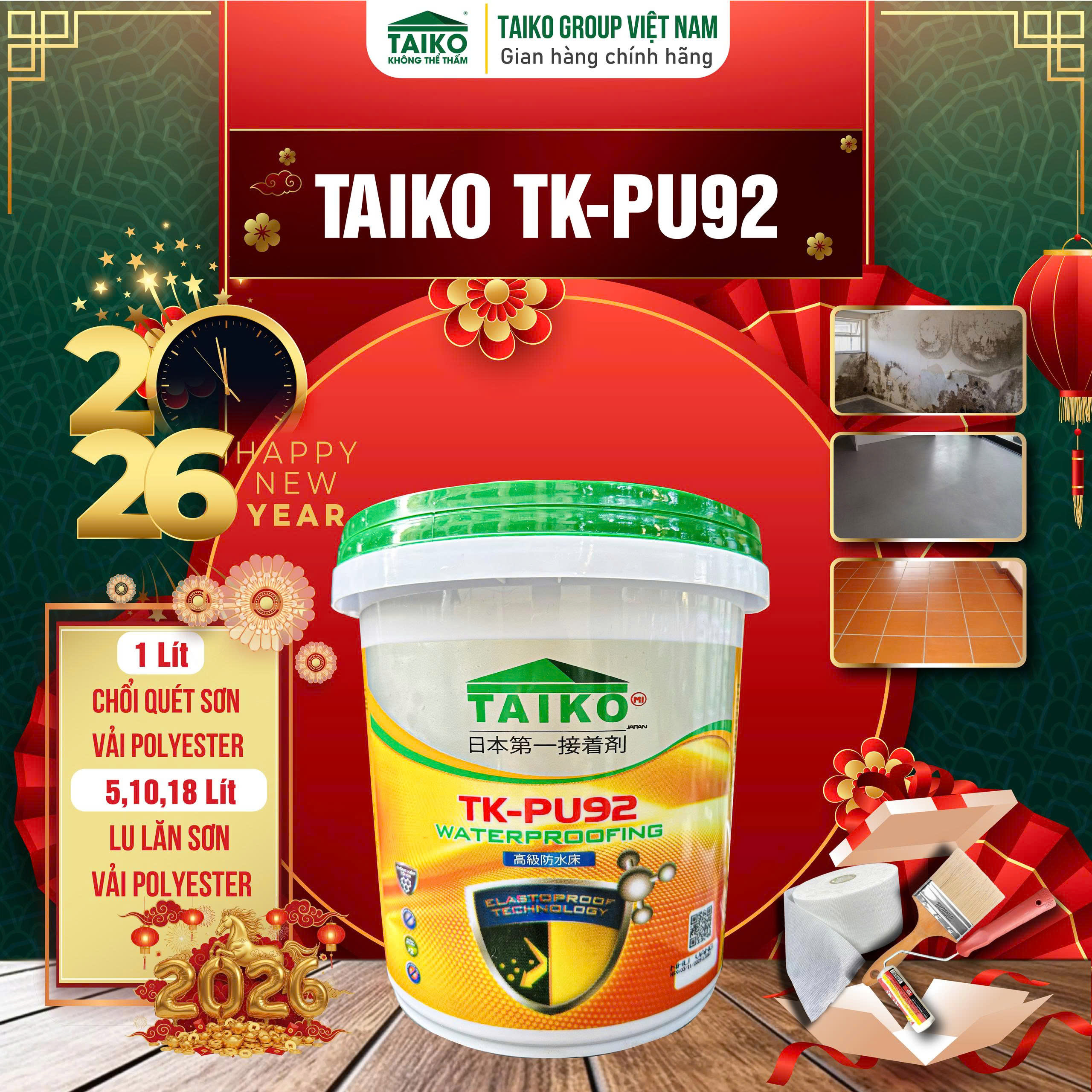 [Thùng 1 Kg] Sơn Chống Thấm PU (Polyurethane) TAIKO PU92 - Sàn Lộ Thiên Đã Ốp Lát, Tăng Bám Dính, Tăng Chịu Lực, Mài Mòn