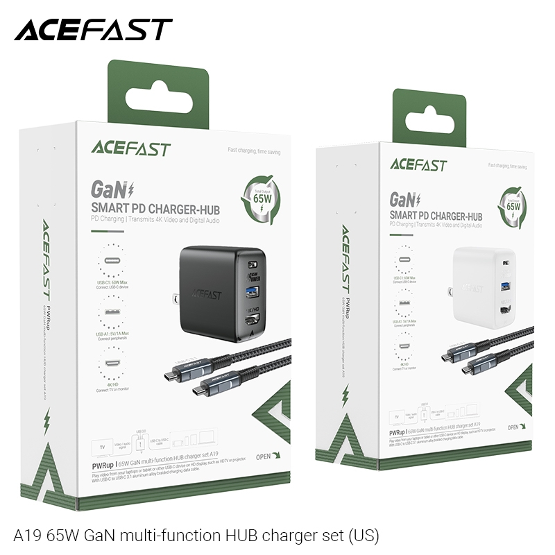 Sạc Acefast GaN 65W cổng USB-C + USB-A + HUB (US) - A19 Hàng chính hãng Acefast