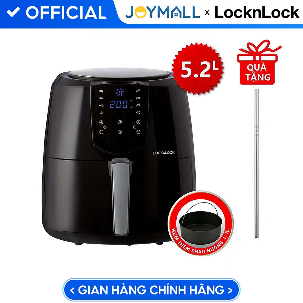 Nồi Chiên Không Dầu Điện Tử Lock&amp;Lock EJF357 5.2 Lít - Hàng Chính Hãng, Điều Chỉnh Nhiệt Độ, Hẹn Giờ, Giữ Ấm, Kèm Chảo Nướng và Ống Hút Thẳng Inox 304