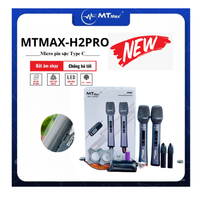 Micro Không Dây Cao Cấp MTMAX H2PRO - Cao Cấp Với Khả Năng Pin Nam Châm Hút Tự Động Sạc. Khả Năng Bắt Sóng Cao 50 - 100M, Chuyên Dùng Cho Karaoke Gia Đình, Phòng Trà, Quán Bar, Bảo Hành 12 Tháng. hàng chính hãng