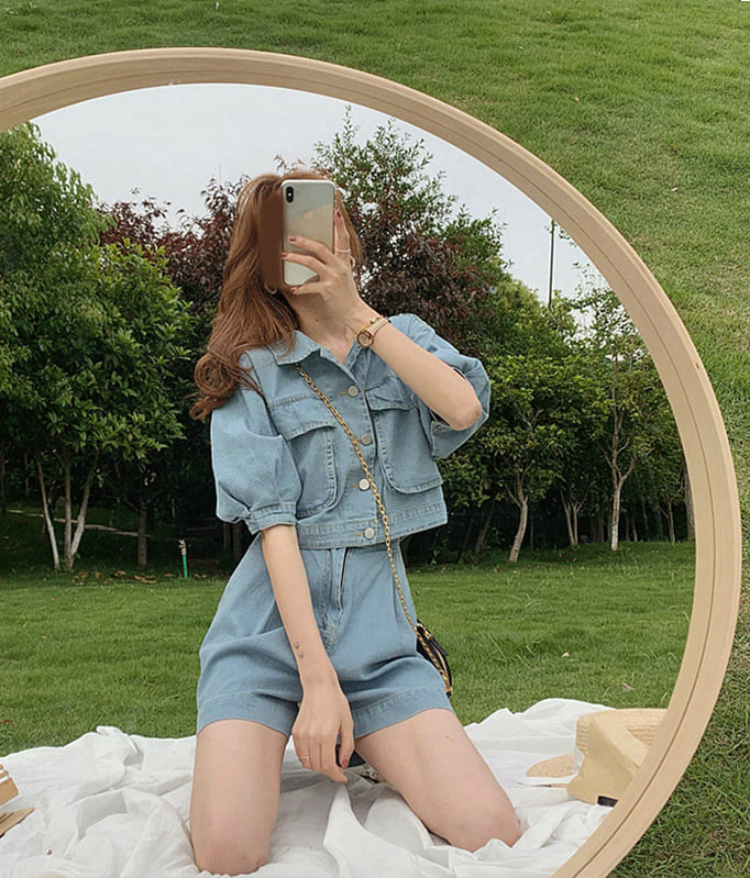 Đồ bộ mặc đi chơi cafe đi dã ngoại chất denim dành cho nữ AE02