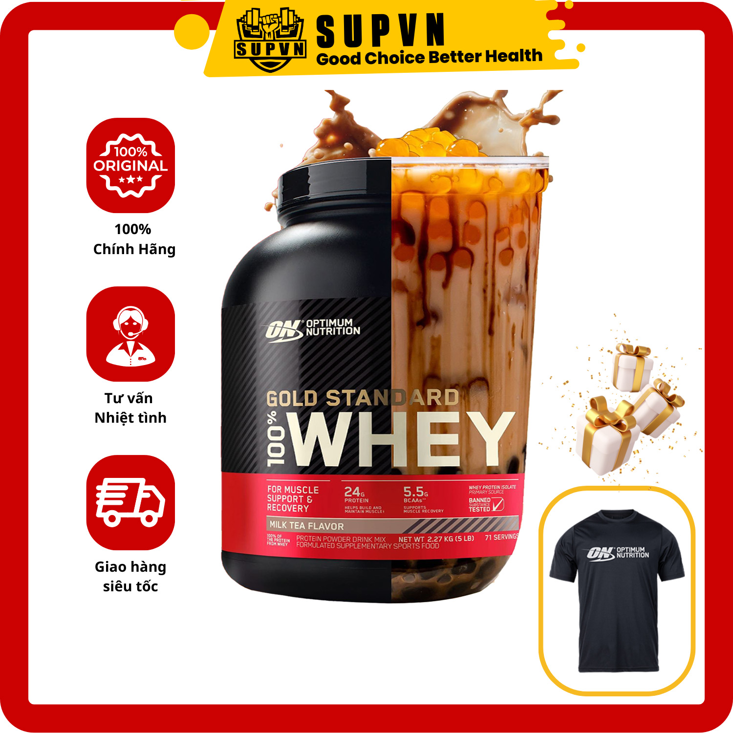 Gold Standard 100 Whey ON 5lbs - Sữa Tăng Cơ Với Dòng Protein Sạch Uy Tín Lâu Đời Tại Mỹ - Strawberry - 2.27 kg 5lbs