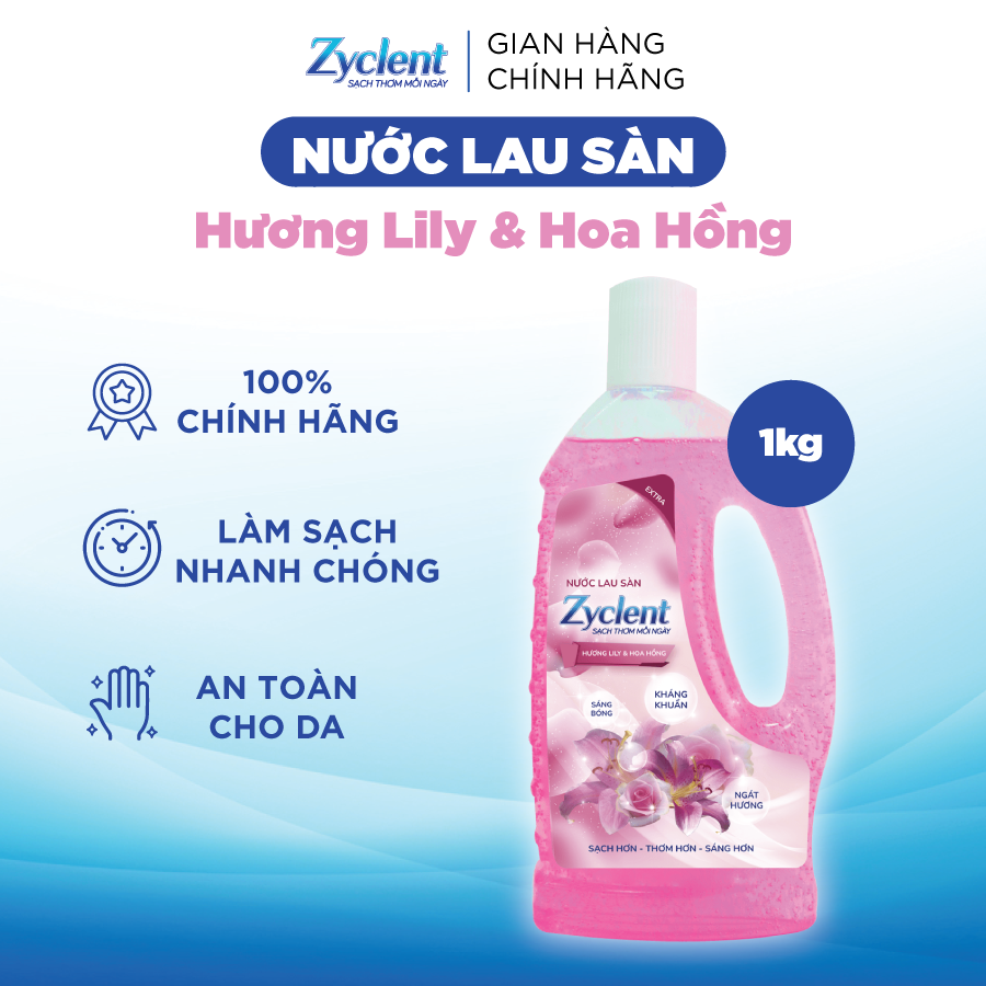 Thùng Nước Lau Sàn ZYCLENT EXTRA Hương Lily &amp; Hoa Hồng - (1KG x 12 CHAI)