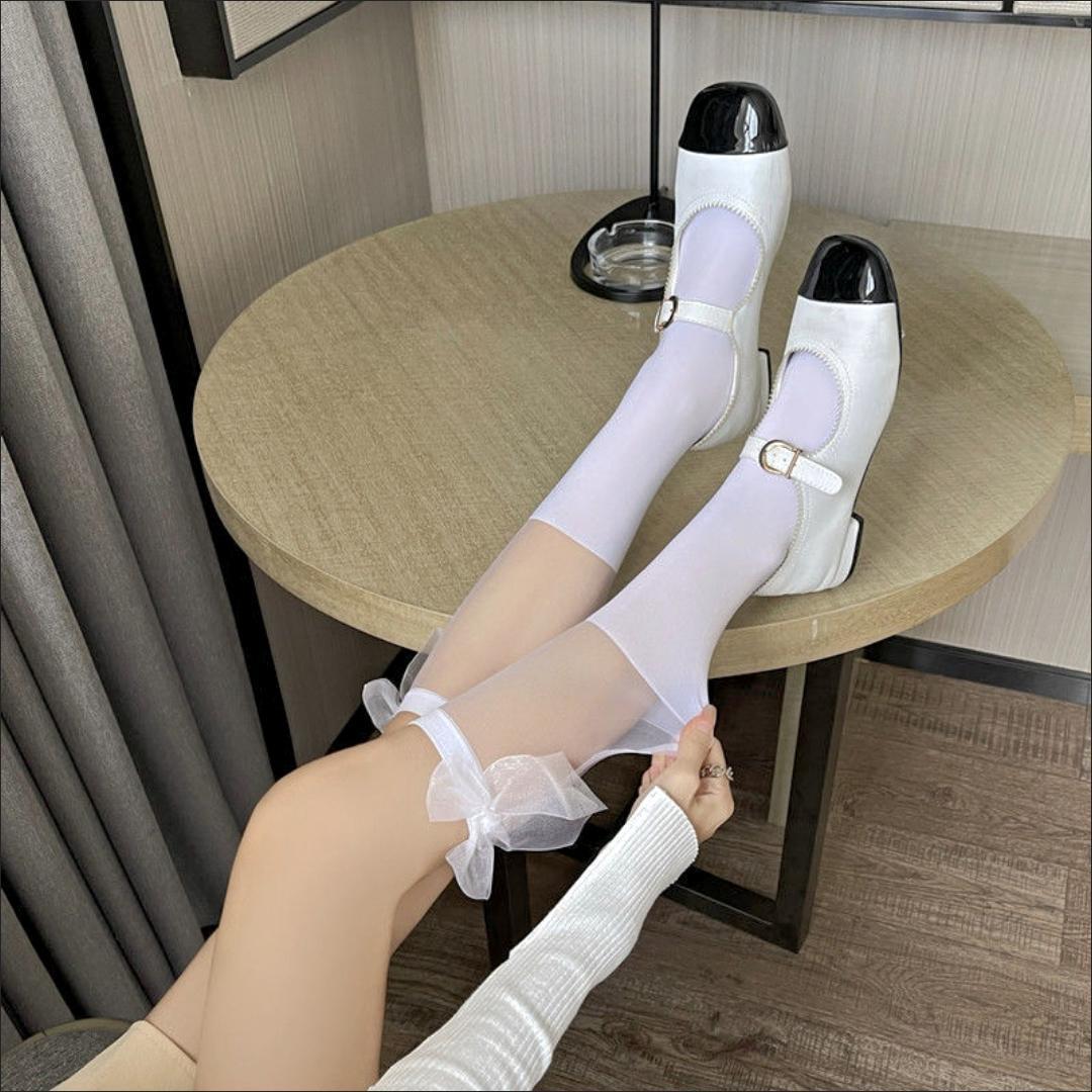Tất vớ cao đến bắp chân Viền Trong Suốt Đính Nơ phong cách thời trang Lolita Nhật Bản, cá tính cho nữ - khositatvo Voan Màu Đen