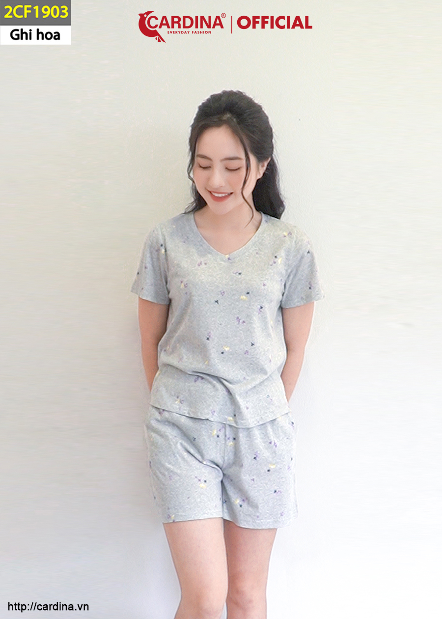 Đồ Bộ Nữ CARDINA Chất Cotton Organic Quần Đùi Áo Cộc Tay Co Giãn Họa Tiết 2CF19