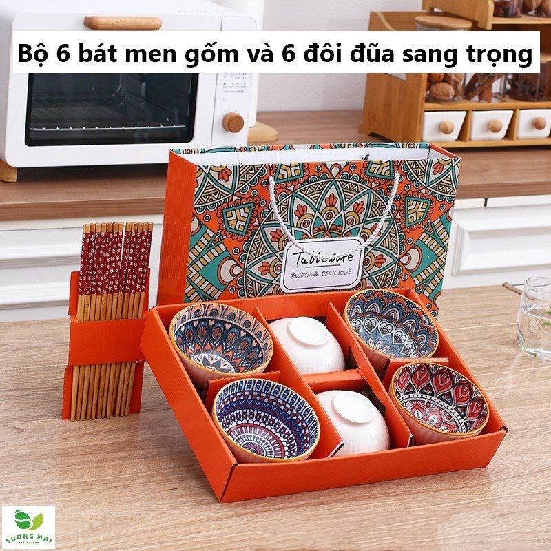 Bộ 6 bát ăn bằng gốm và 6 đôi đũa bằng gỗ