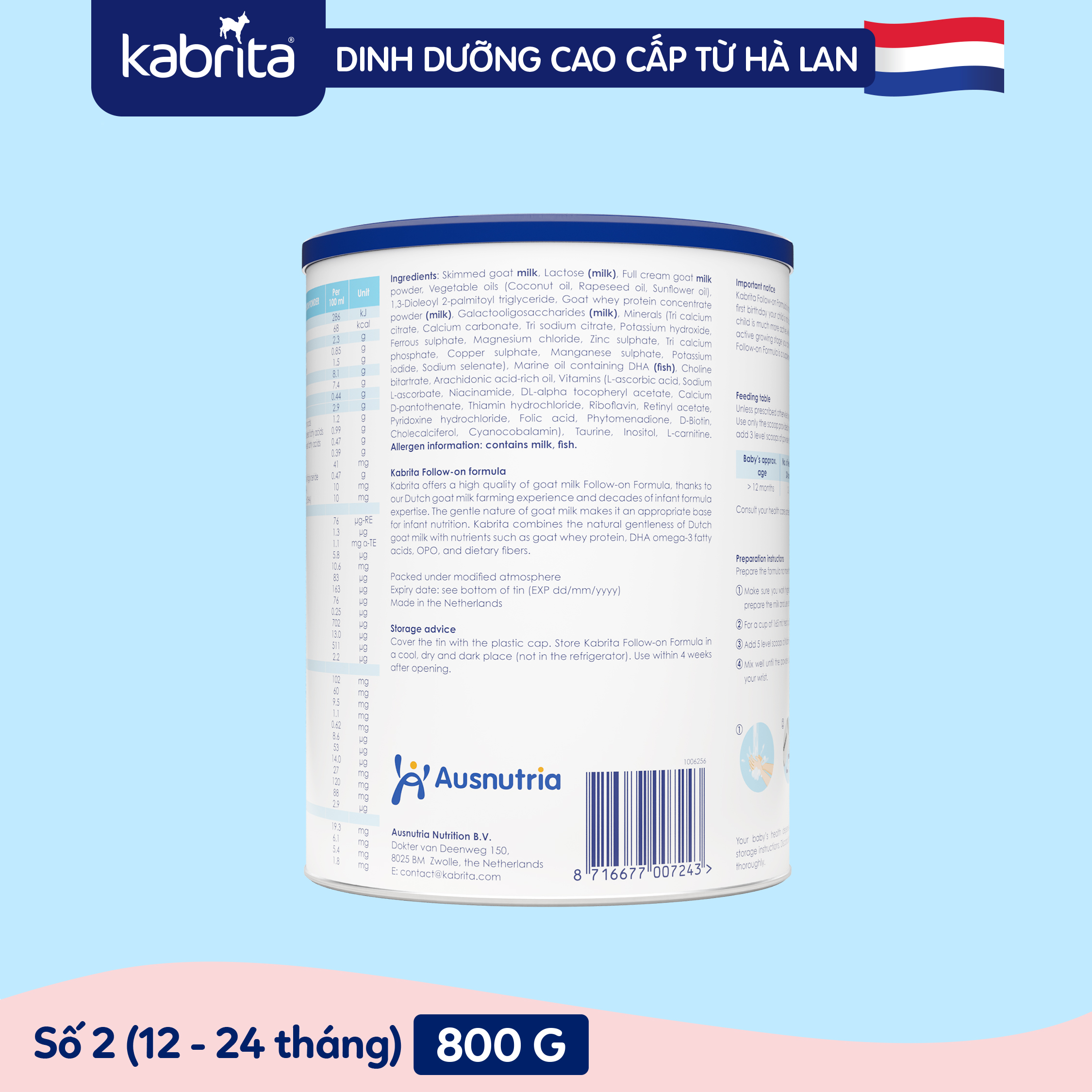 [TẶNG SET DÊ BÔNG] Combo 2 lon Sữa dê Kabrita số 2 cho trẻ từ 12- 24 tháng - Lon 800g